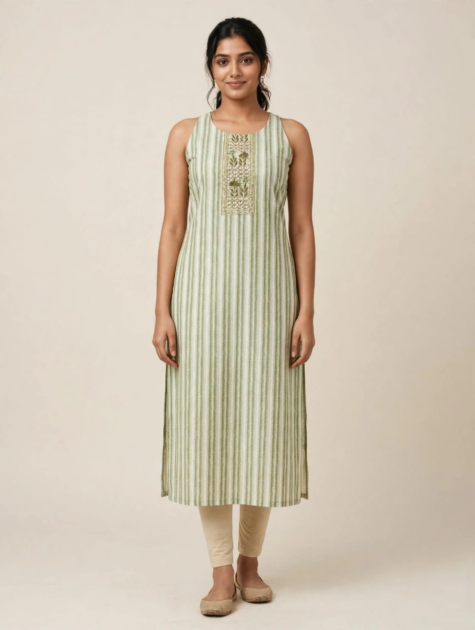 Women Sleeveless Cotton Striped Straight Kurti with Embroidered Yoke