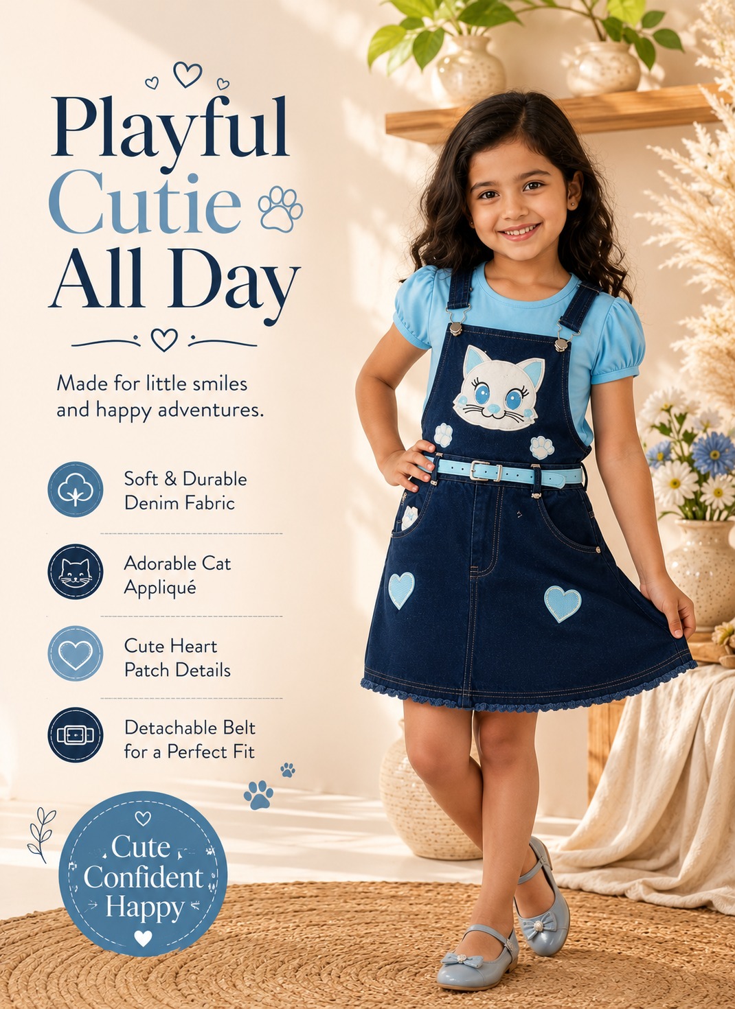 Girls Denim Pinafore Dress with Blue Puff Sleeve T-Shirt | 2 Piece Cat Applique Frock Set | Casual &amp;amp;amp; Party Wear