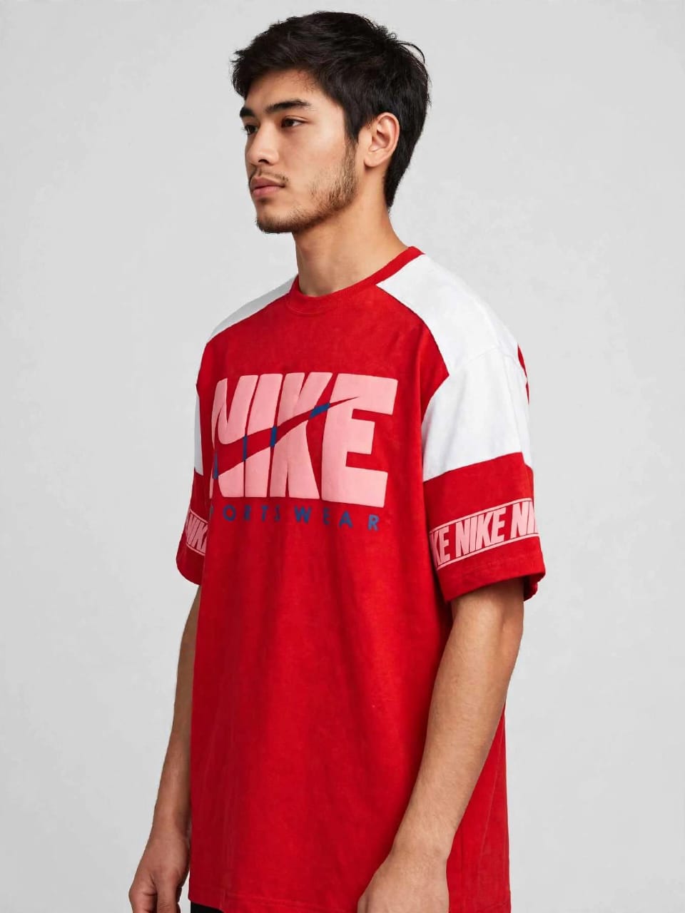 Oversized Drop Shoulder Color Block Graphic Printed Cotton T-Shirt – Red