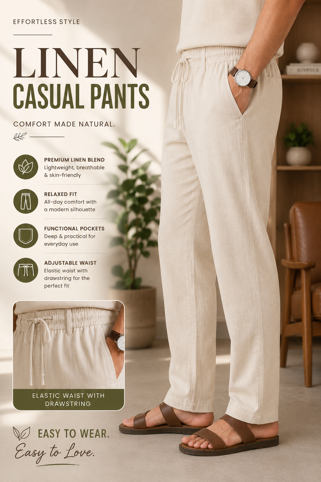 Mens Linen Blend Elastic Waist Casual Pant with Drawstring