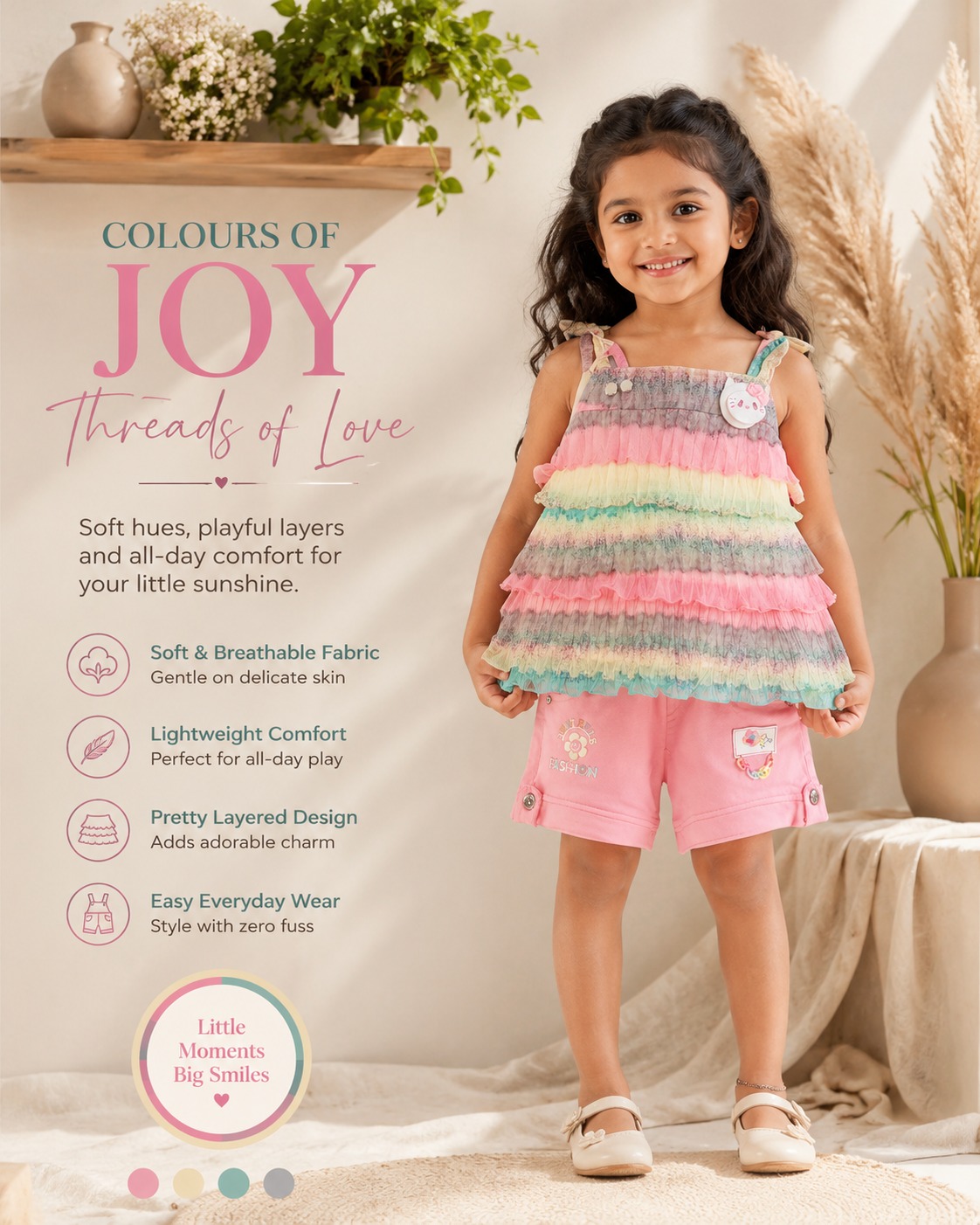 Girls Rainbow Layered Frill Top with Pink Shorts Co-Ord Set | Soft Summer Casual Outfit for Kids