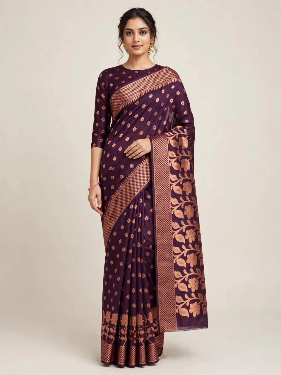 Women Silk Blend Buti Work Saree with Golden Border &amp;amp; Rich Pallu | Festive Wear