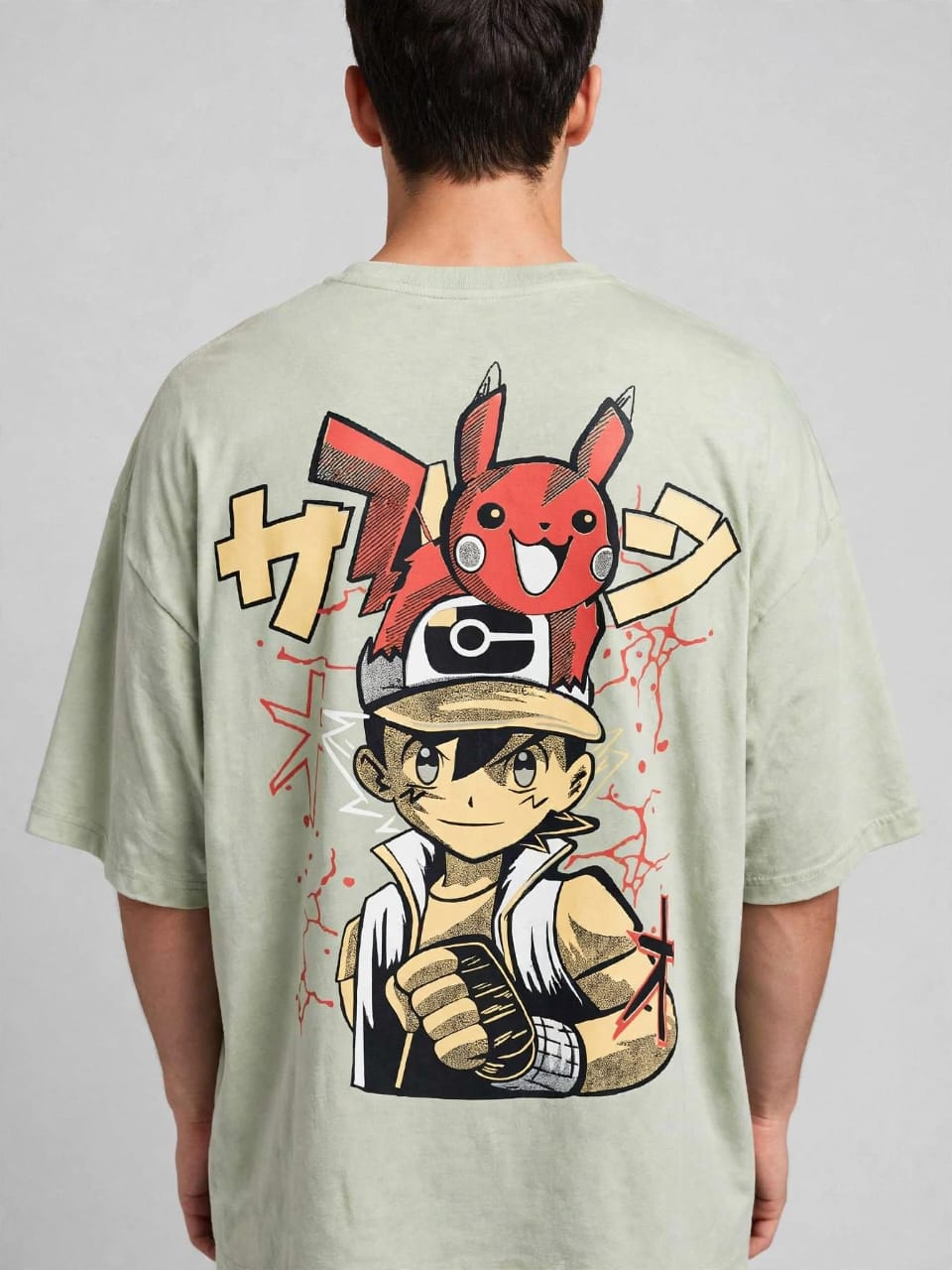 Oversized Drop Shoulder Anime Graphic Printed Cotton T-Shirt – Sage Green