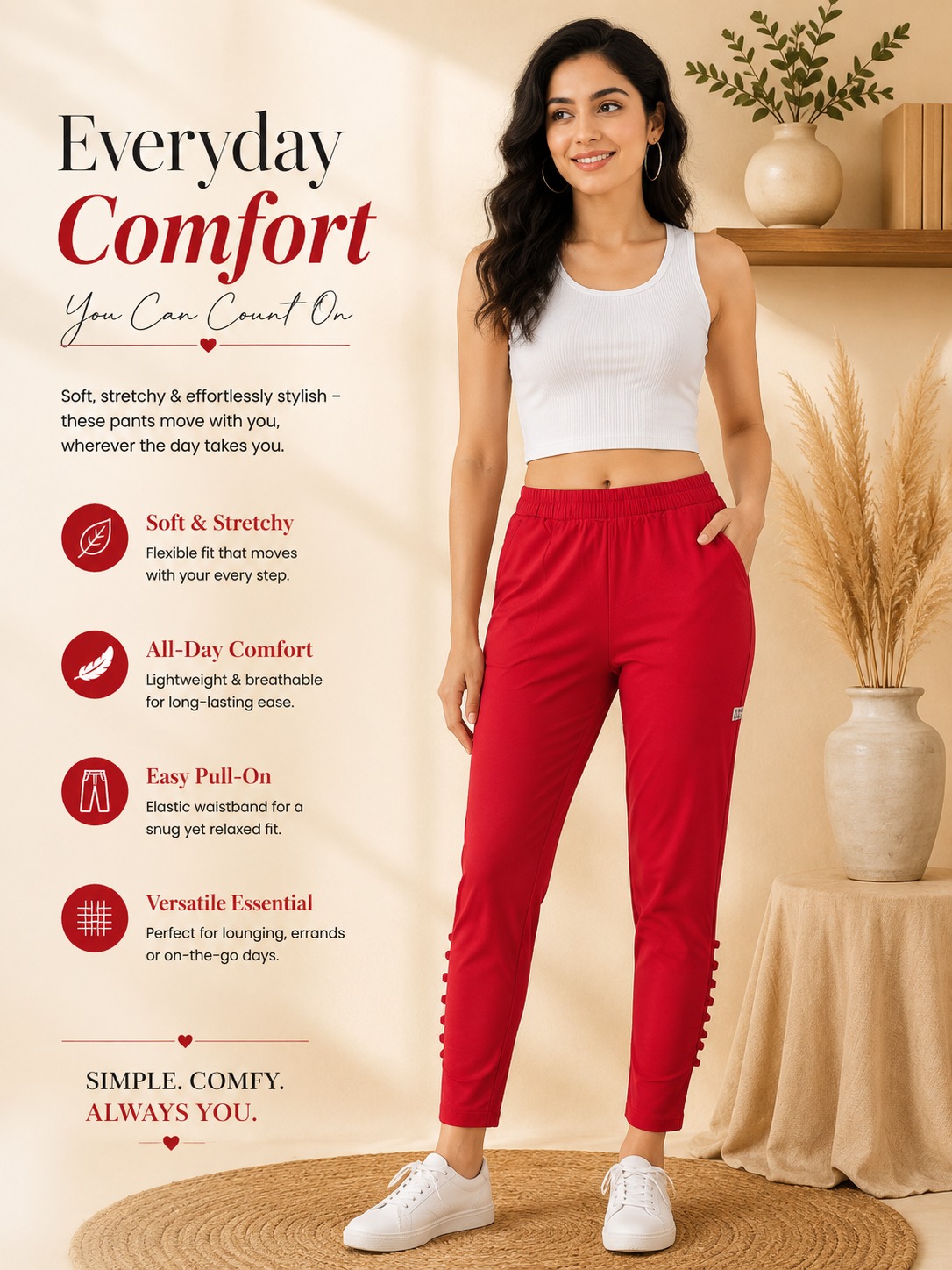 Women High-Waist Elasticated Red Ankle-Length Pants / Joggers