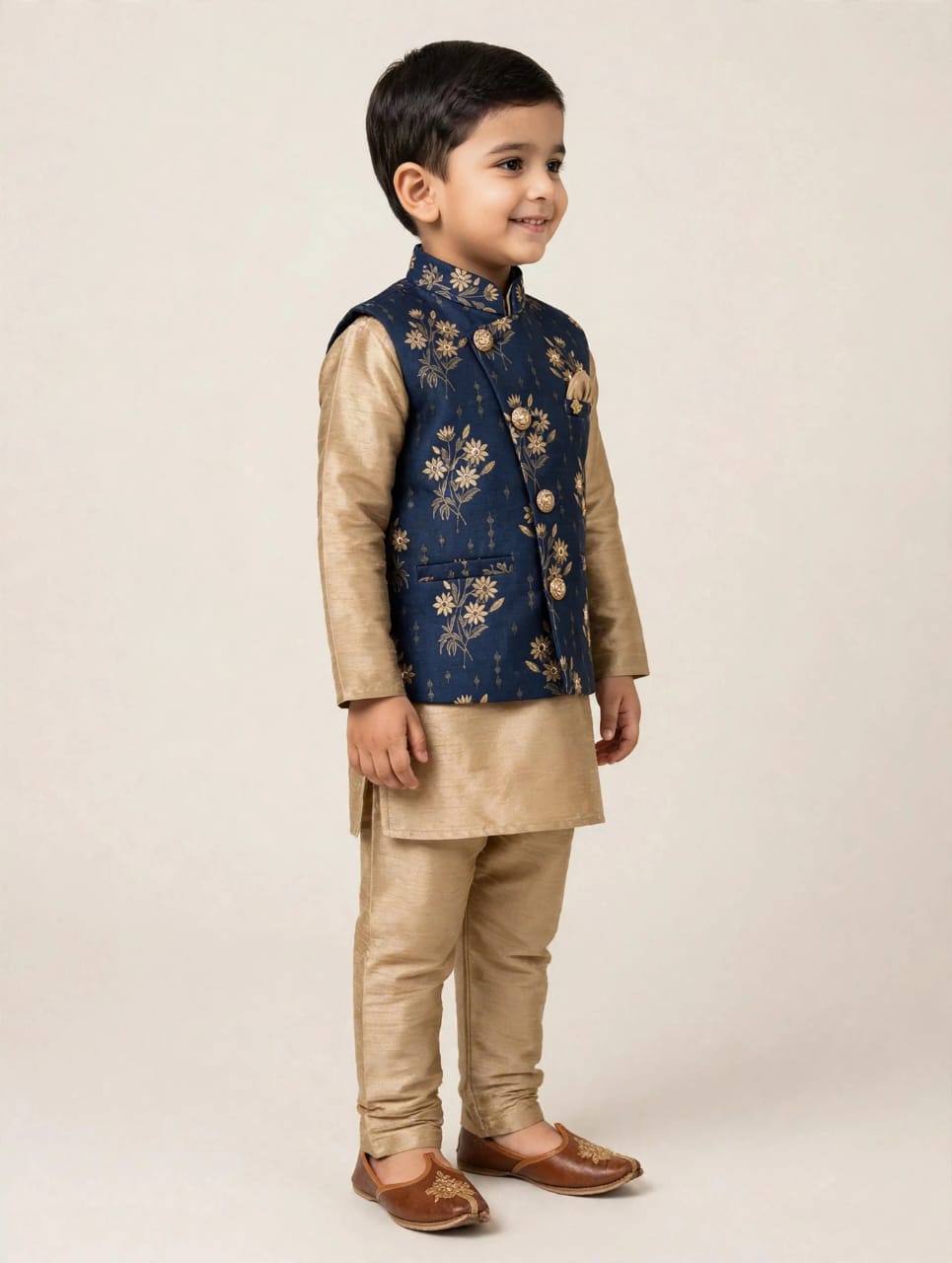Boys Festive Kurta Pajama with Floral Printed Nehru Jacket & Jutti Set (3 Piece)