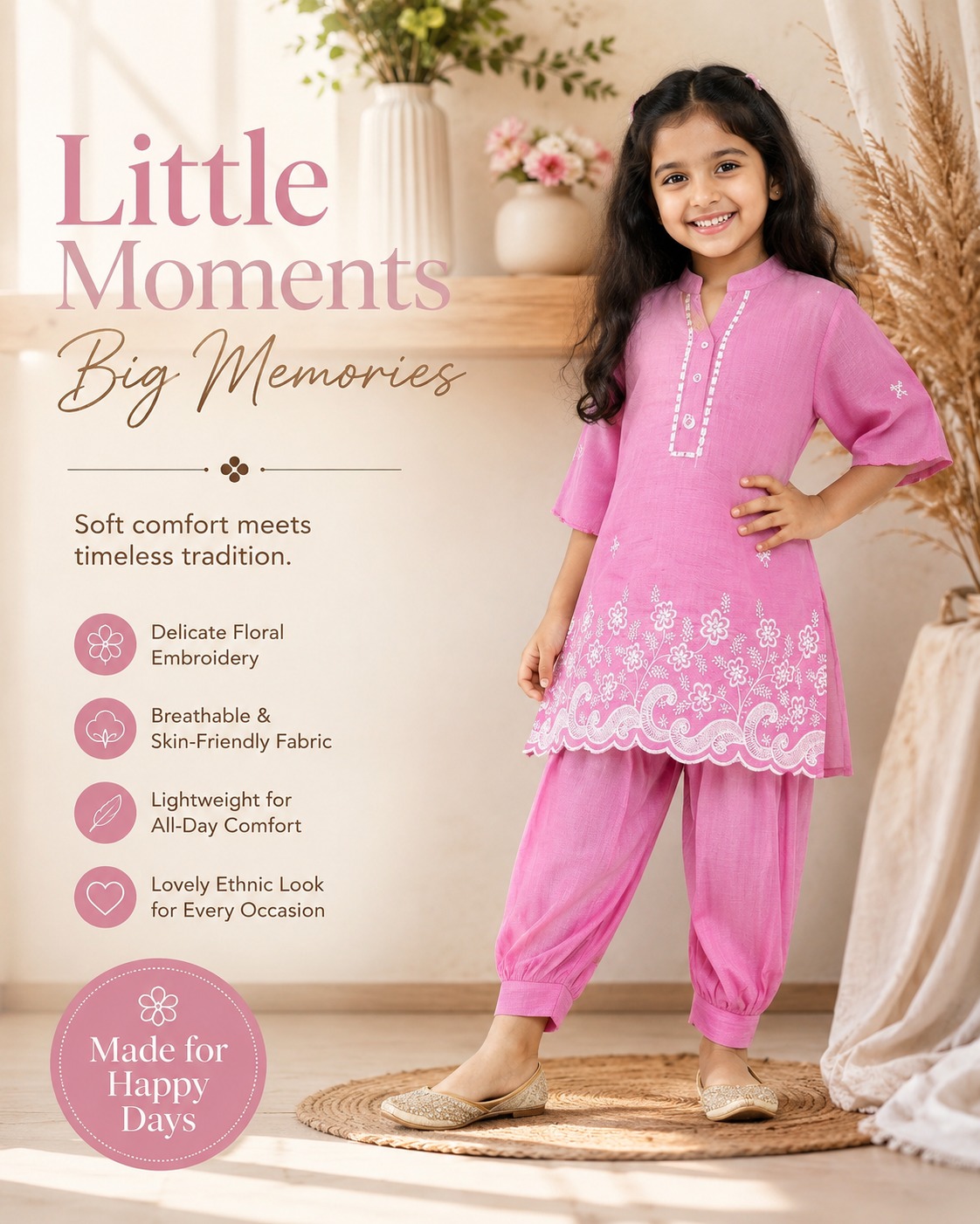 Girls Pink Embroidered Cotton Blend Kurta & Dhoti Pant Set | 2 Piece Ethnic Dress for Kids | Festive Wear
